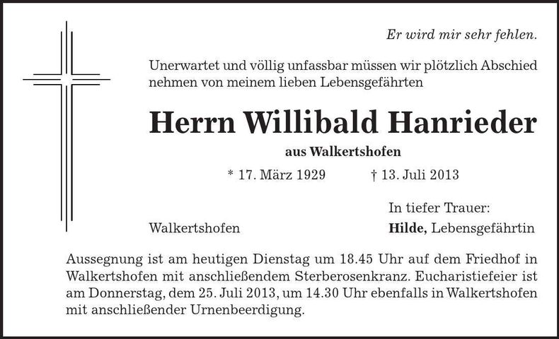 Traueranzeige Willibald Hanrieder