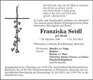 Traueranzeige Franziska Seidl