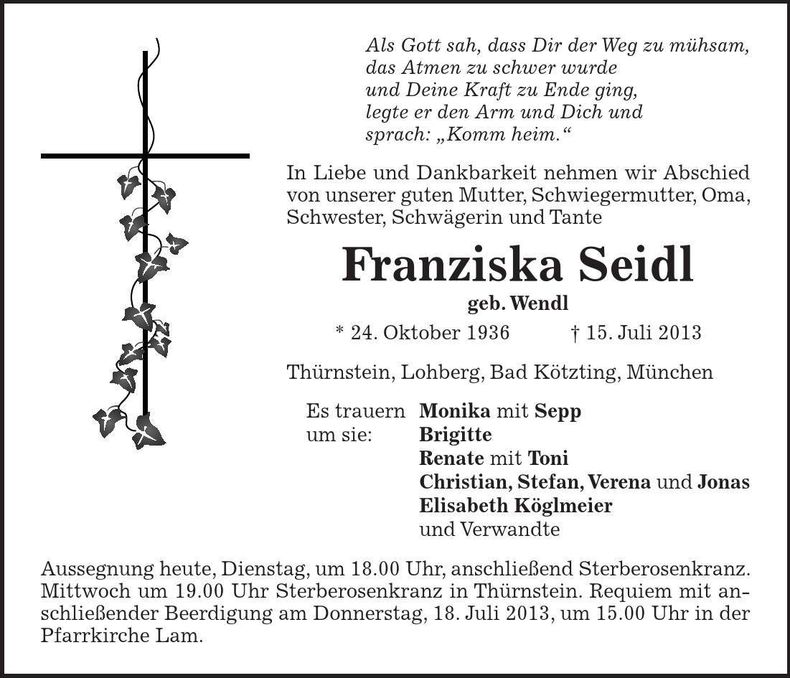 Traueranzeige Franziska Seidl
