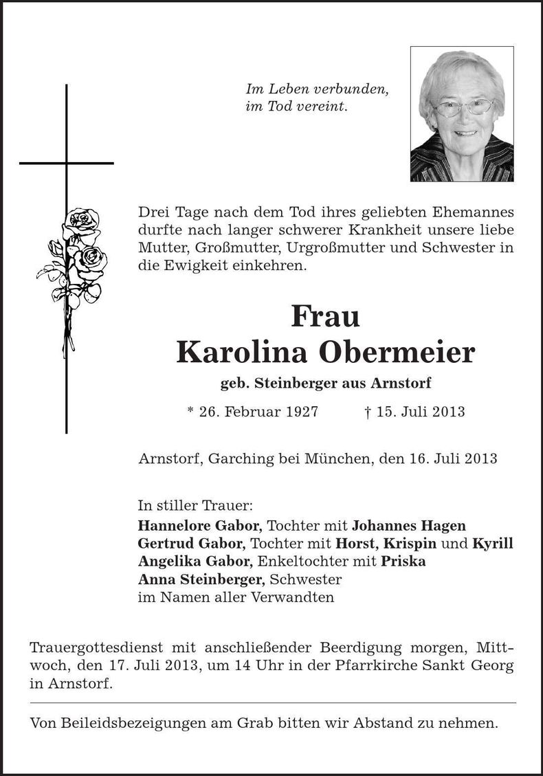 Traueranzeige Karolina Obermeier