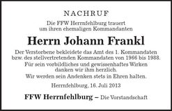 Traueranzeige Johann Frankl