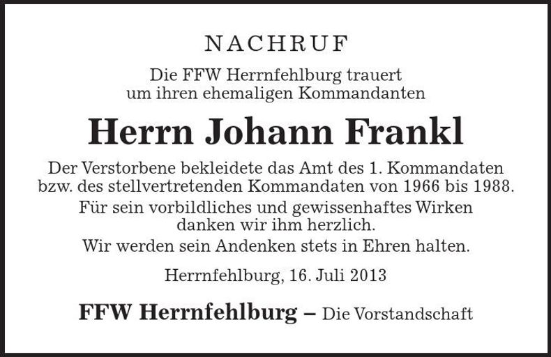 Traueranzeige Johann Frankl