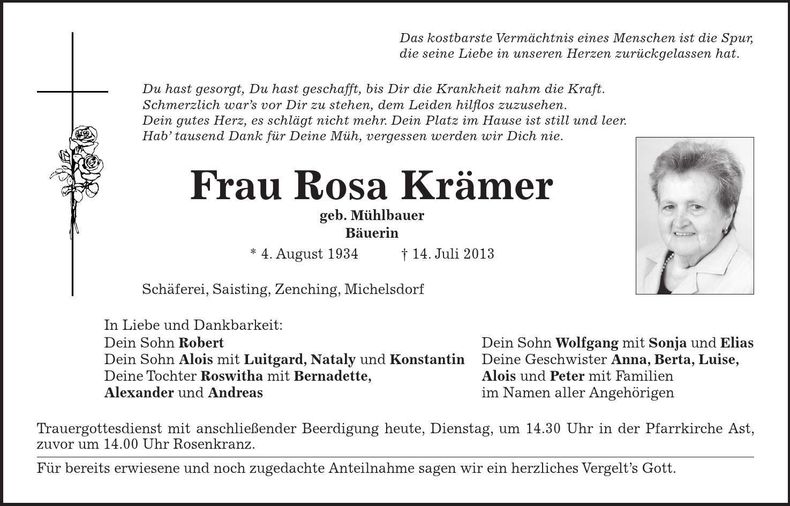 Traueranzeige Rosa Krämer