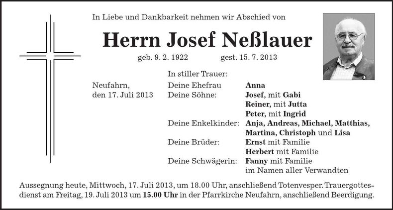 Traueranzeige Josef Neßlauer