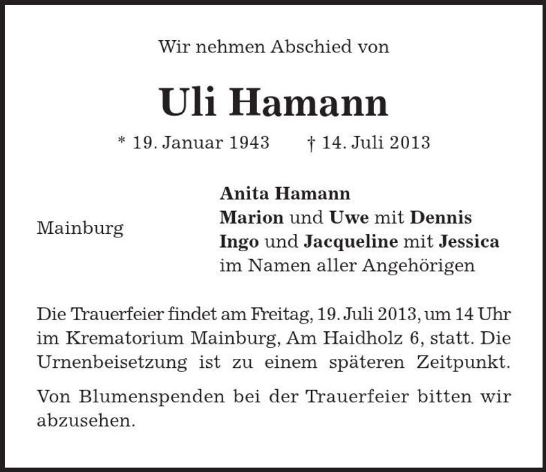Traueranzeige Uli Hamann