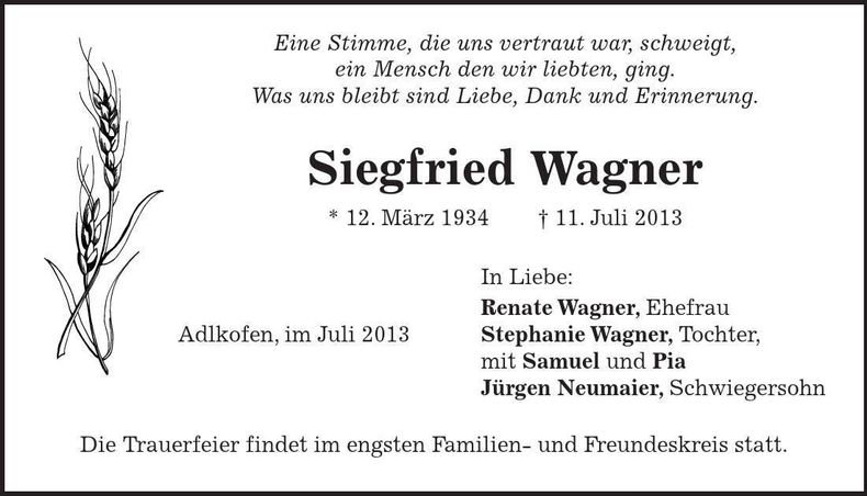Traueranzeige Siegfried Wagner