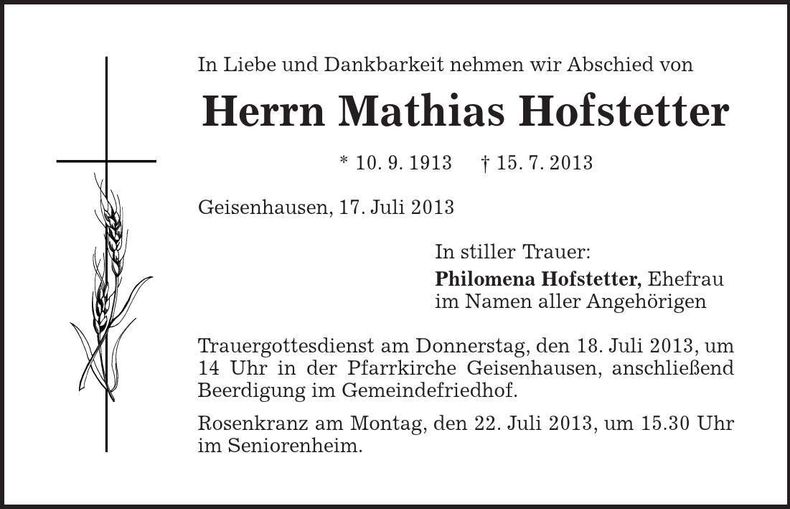 Traueranzeige Mathias Hofstetter