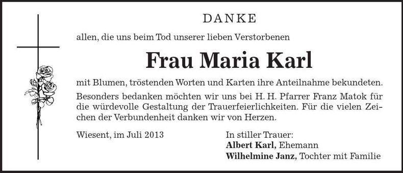 Traueranzeige Maria Karl