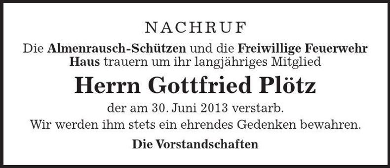 Traueranzeige Gottfried Plötz