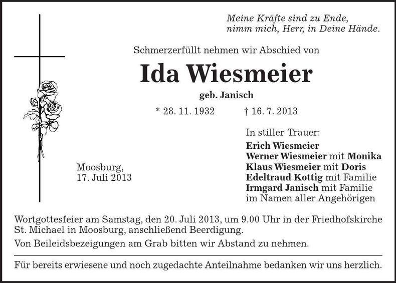 Traueranzeige Ida Wiesmeier