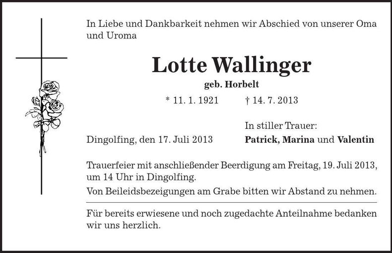 Traueranzeige Lotte Wallinger