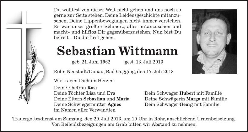 Traueranzeige Sebastian Wittmann