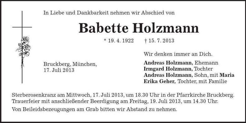 Traueranzeige Babette Holzmann