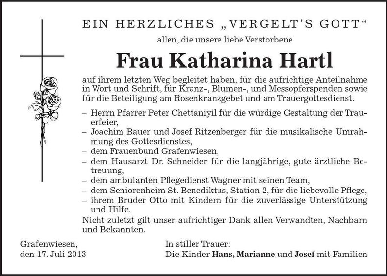 Traueranzeige Katharina Hartl
