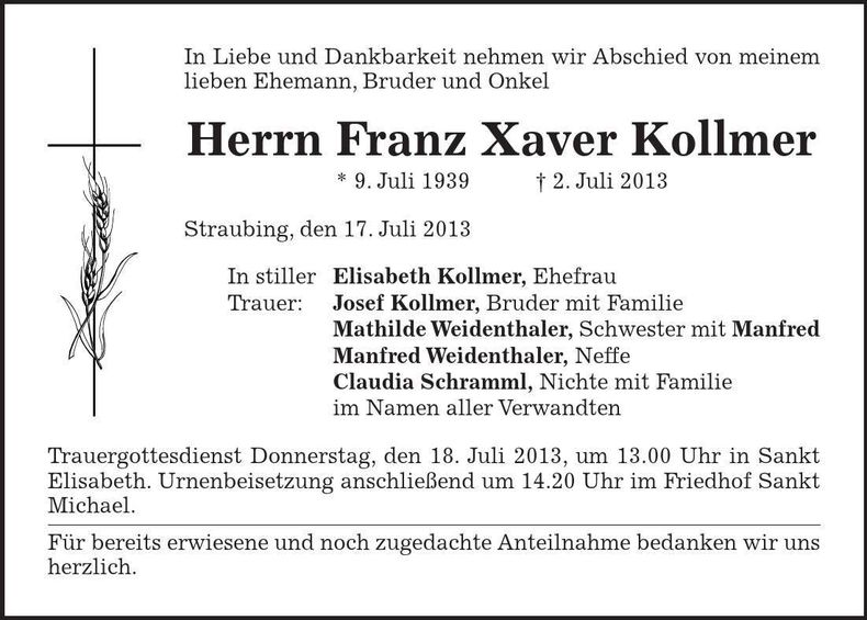 Traueranzeige Franz Xaver Kollmer