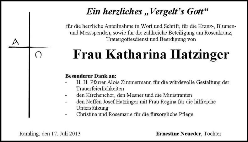 Traueranzeige Katharina Hatzinger