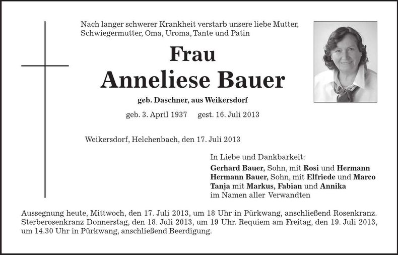 Traueranzeige Anneliese Bauer