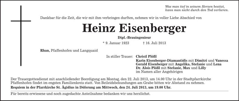 Traueranzeige Heinz Eisenberger