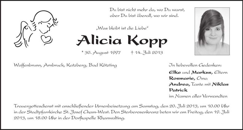 Traueranzeige Alicia Kopp