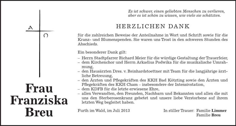 Traueranzeige Franziska Breu