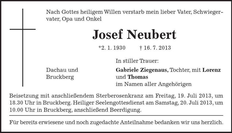 Traueranzeige Josef Neubert