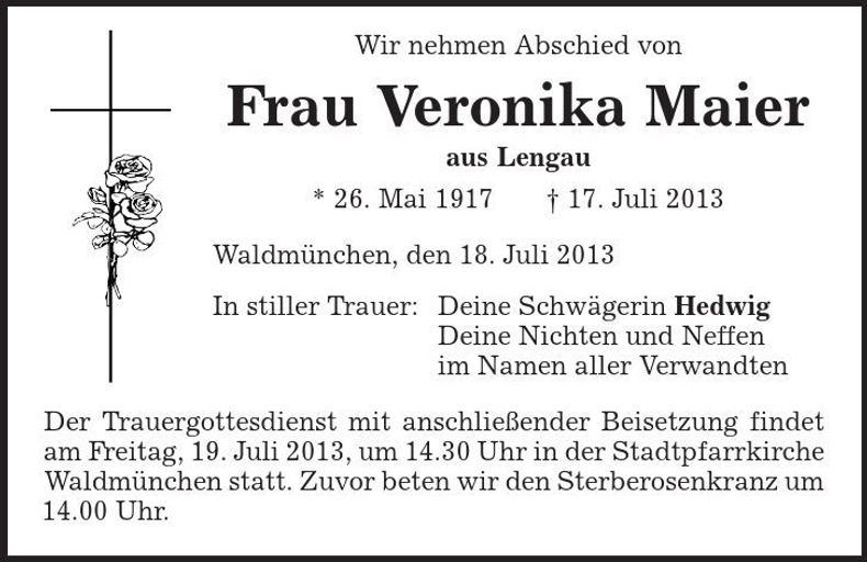 Traueranzeige Veronika Maier