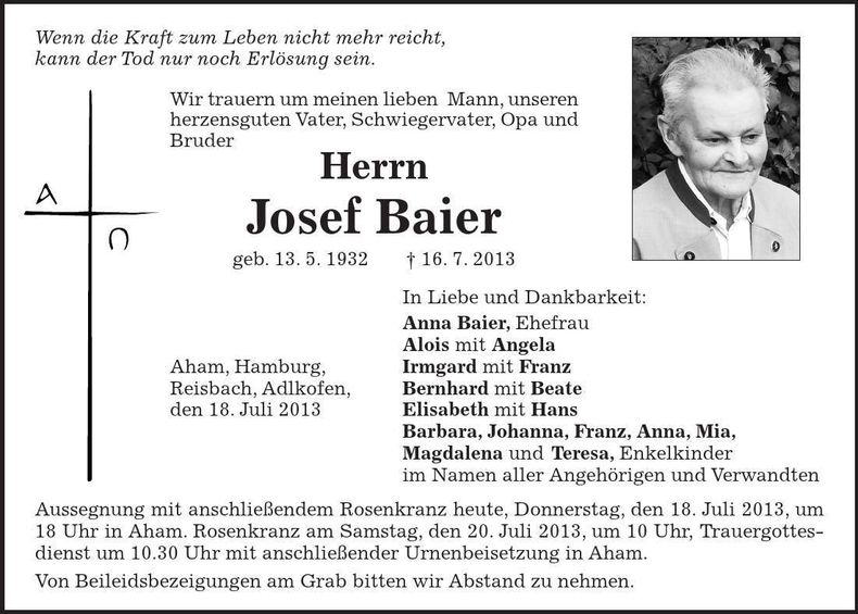 Traueranzeige Josef Baier