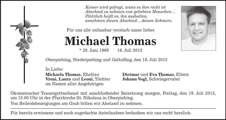 Traueranzeige Michael Thomas