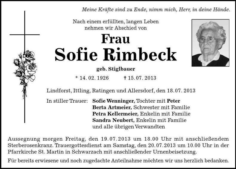 Traueranzeige Sofie Rimbeck