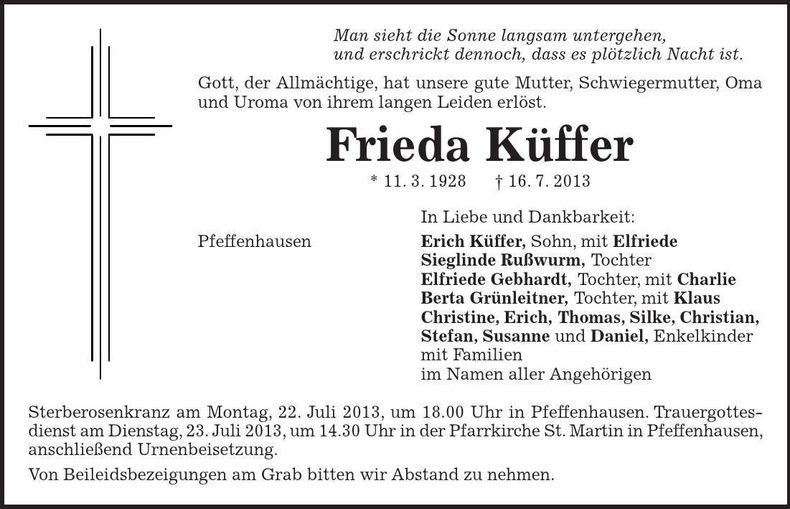 Traueranzeige Frieda Küffer