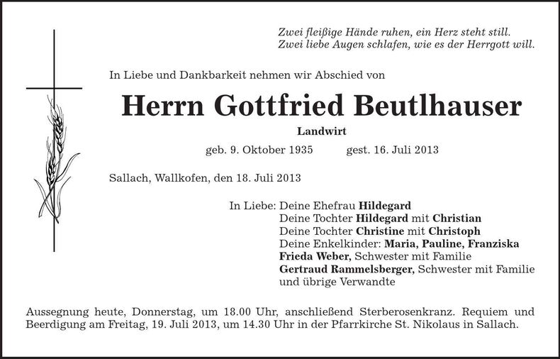Traueranzeige Gottfried Beutlhauser