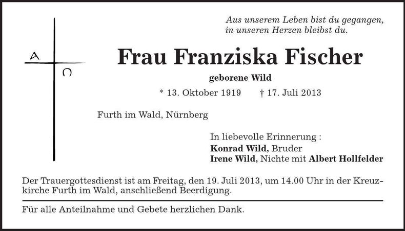 Traueranzeige Franziska Fischer