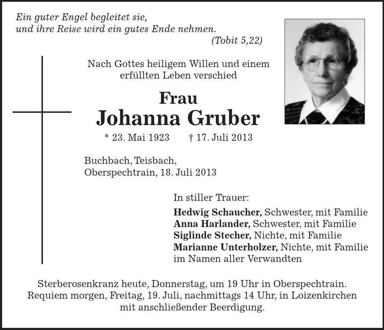 Traueranzeige Johanna Gruber