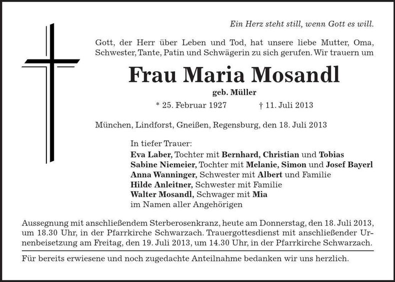 Traueranzeige Maria Mosandl