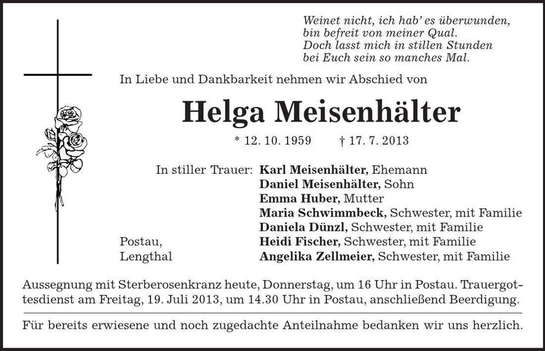 Traueranzeige Helga Meisenhälter