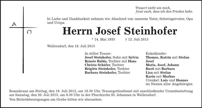 Traueranzeige Josef Steinhofer