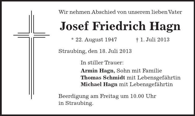 Traueranzeige Josef Friedrich Hagn