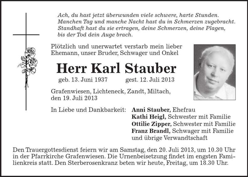 Traueranzeige Karl Stauber