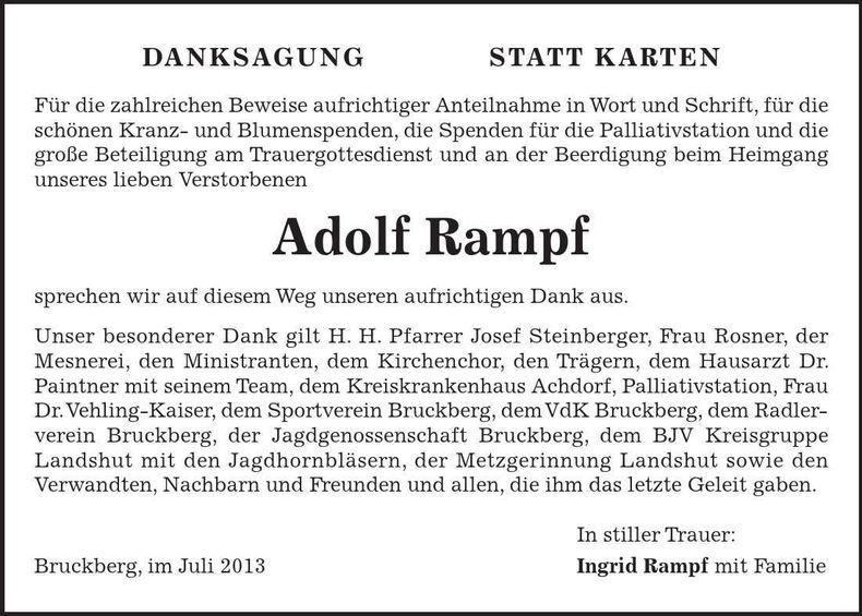 Traueranzeige Adolf Rampf