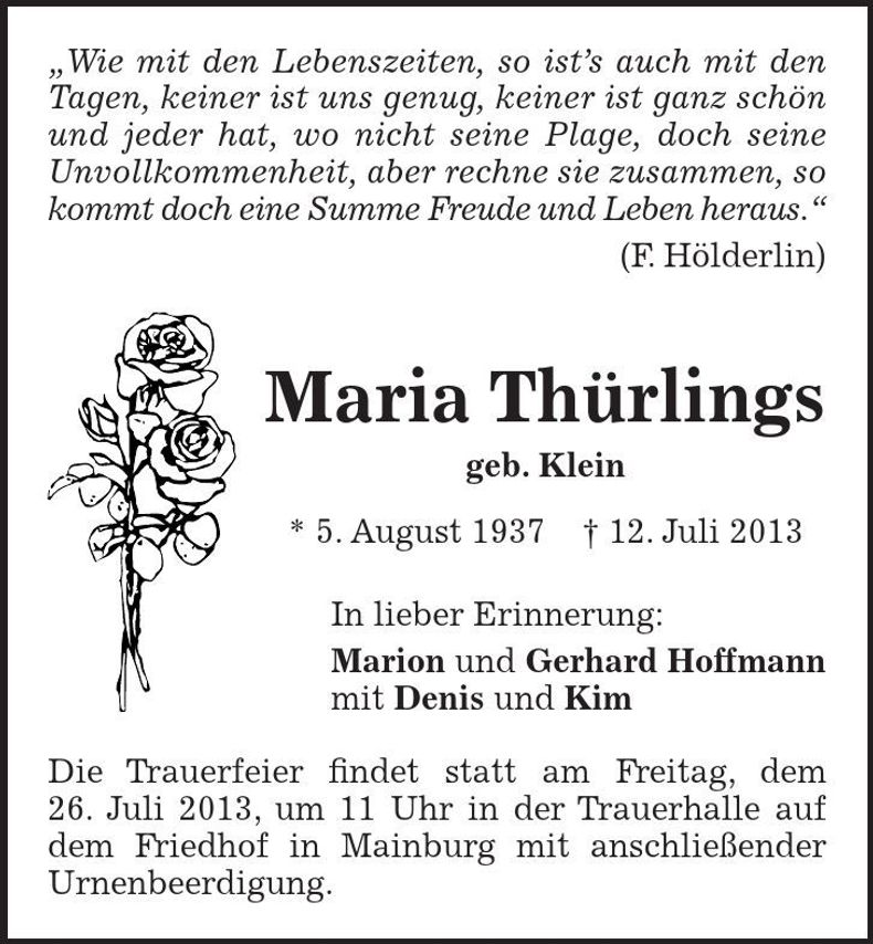 Traueranzeige Maria Thürlings