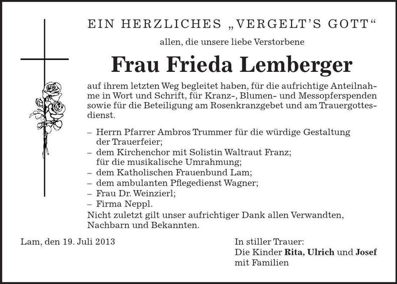 Traueranzeige Frieda Lemberger