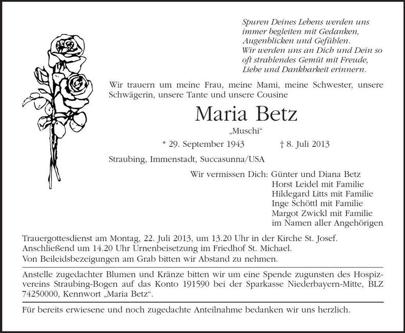 Traueranzeige Maria Betz