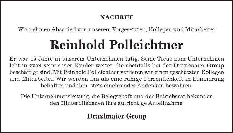 Traueranzeige Reinhold Polleichtner