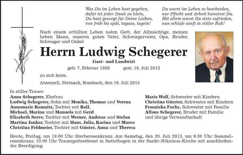 Traueranzeige Ludwig Schegerer