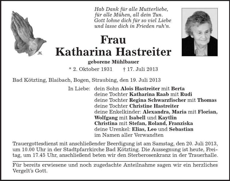 Traueranzeige Katharina Hastreiter