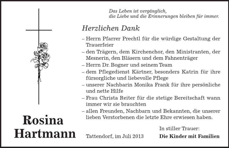Traueranzeige Rosina Hartmann