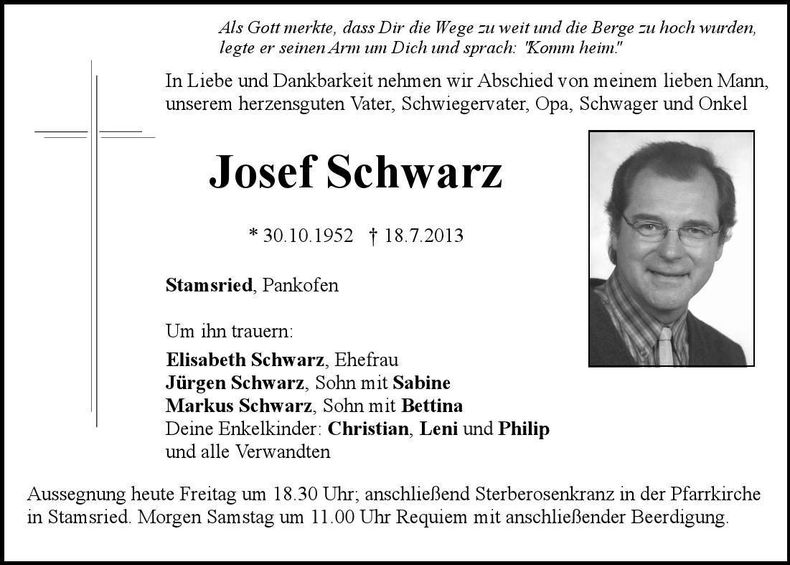 Traueranzeige Josef Schwarz