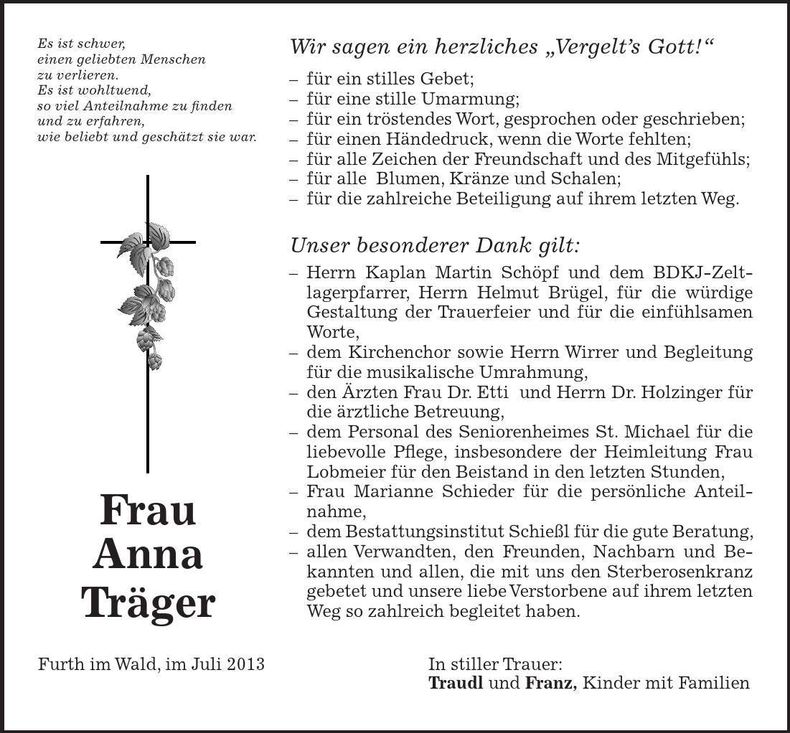 Traueranzeige Anna Täger