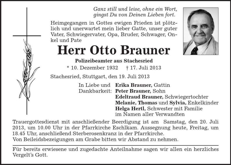 Traueranzeige Otto Brauner