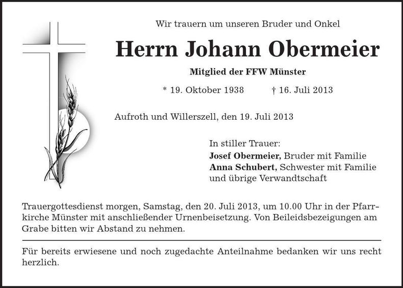 Traueranzeige Johann Obermeier